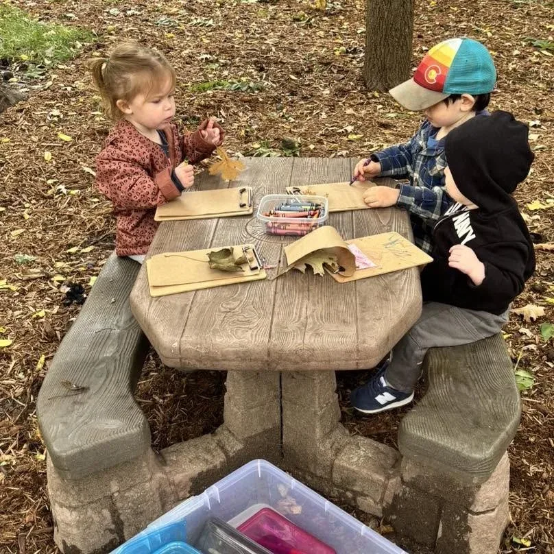 Children working on a nature activity at an outdoor picnic table