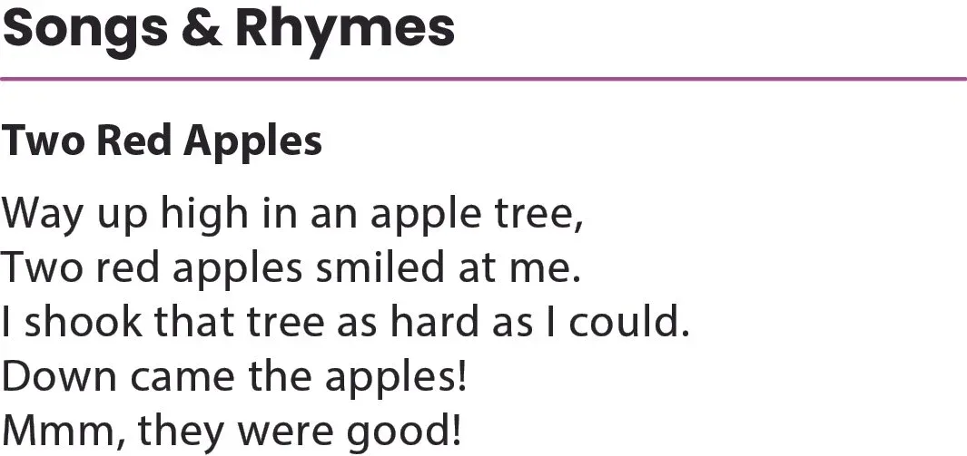 Songs and Rhymes activity sheet featuring Two Red Apples