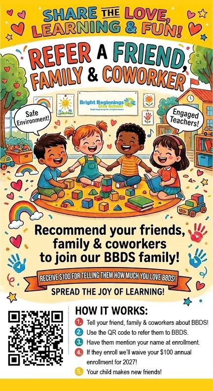 Refer a Friend flyer explaining how the referral program works, with a QR code