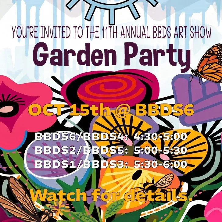 Colorful invitation to the 11th Annual Garden Party Art Show on October 15th at BBDS6